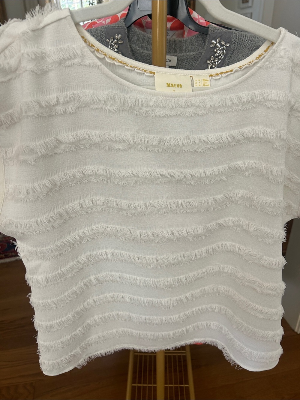 Maeve Cream Fringe-Striped Short Sleeve Top